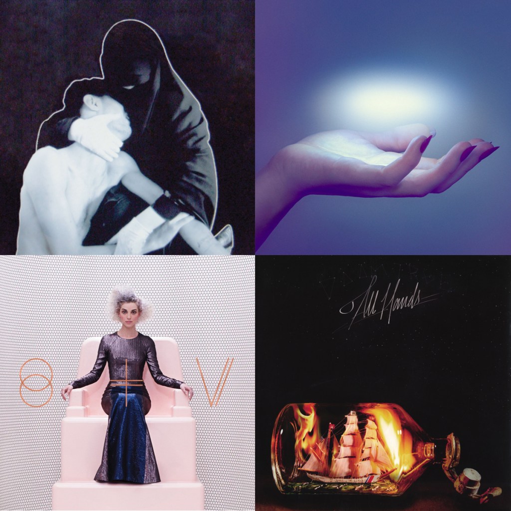 left-right going down: Crystal Castles – III, Spoon – They Want My Soul, bottom-lef-right: St. Vincent - s/t, Doomtree - All Hands